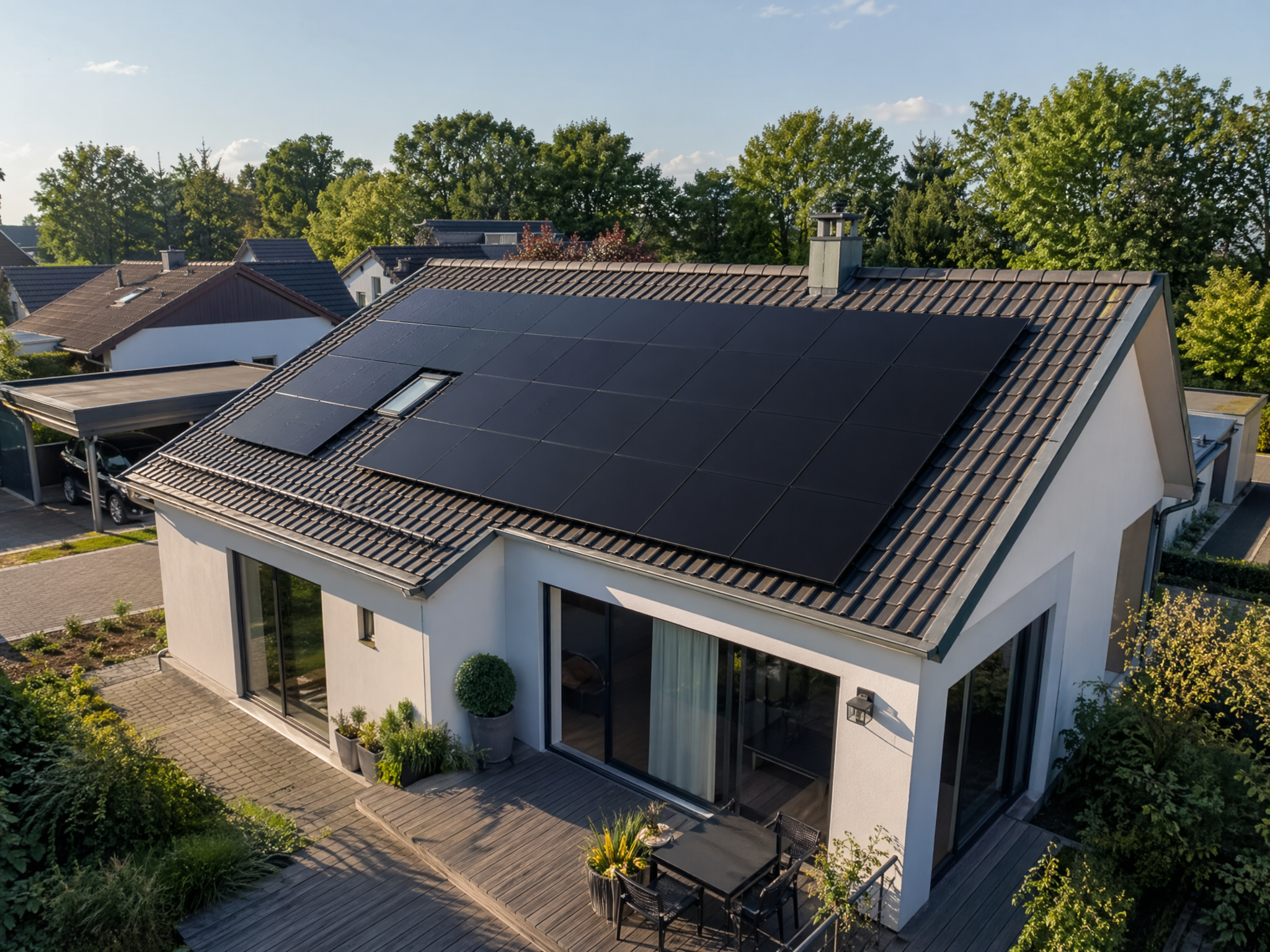 Casa unifamiliar moderna con paneles solares instalados en el tejado, cumpliendo con la eficiencia energética de la Directiva EPBD.